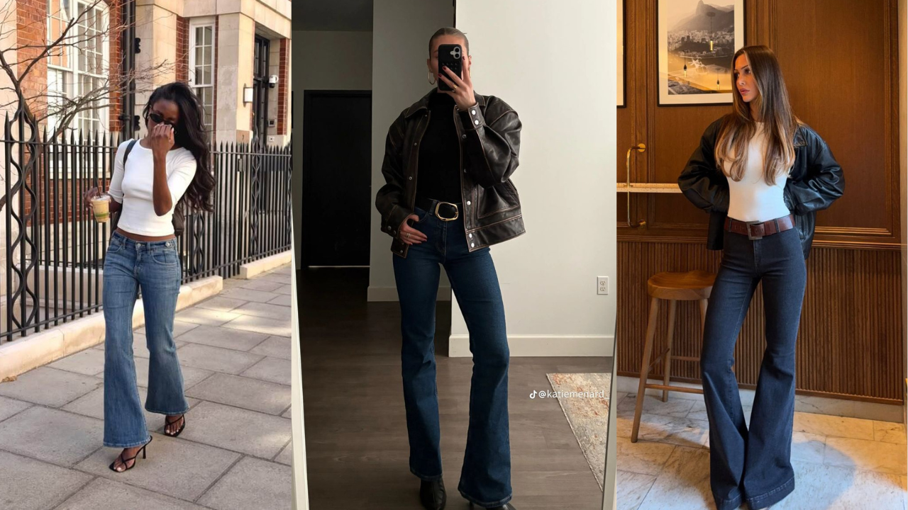 Três mulheres exibindo calças jeans boca de sino. A primeira, de pele escura, usa blusa branca e sandálias pretas, caminhando na rua. A segunda, de pele clara, tira selfie no espelho com jaqueta de couro e blusa preta. A terceira, de pele clara, posa com jaqueta de couro e blusa branca em ambiente interno.