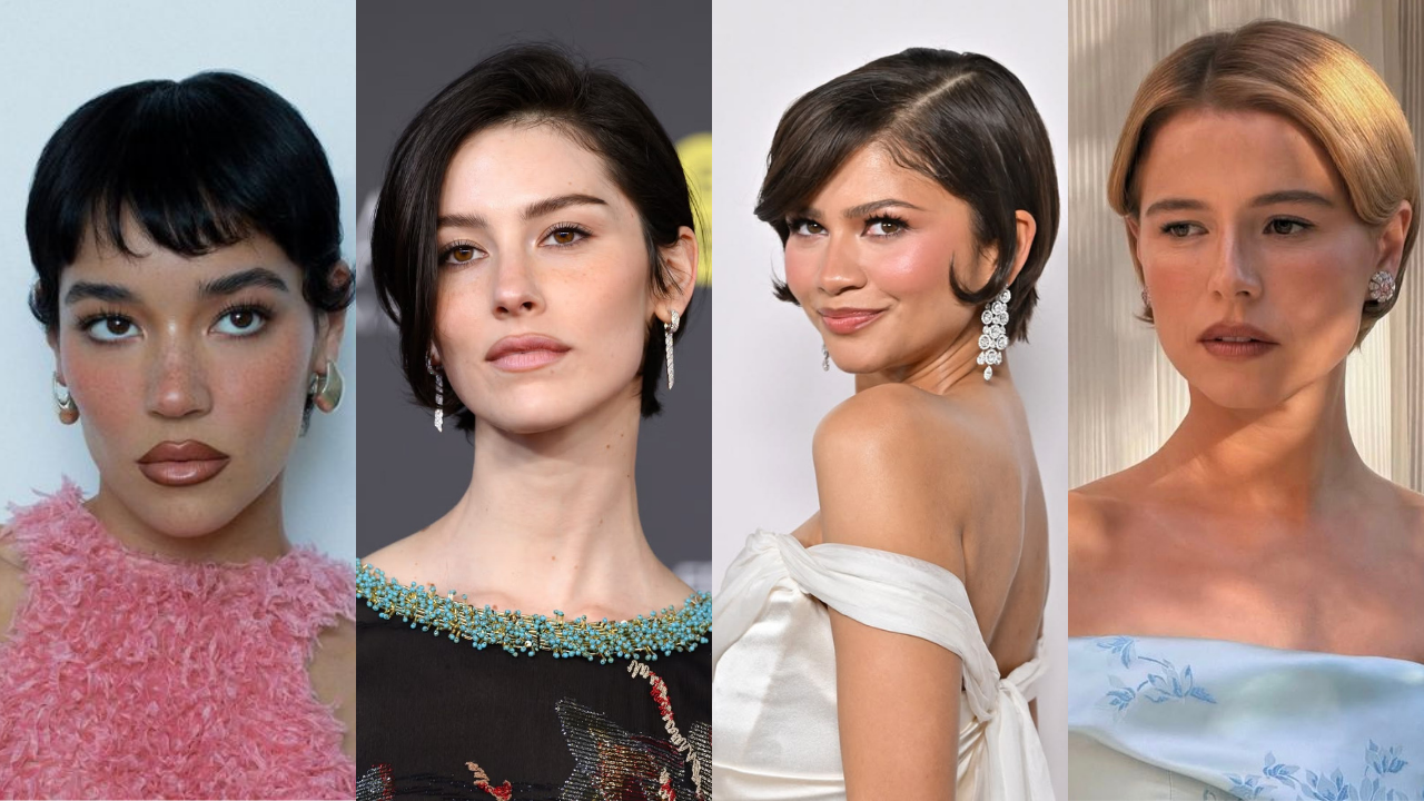 Quatro mulheres com cabelos curtos e maquiagem elegante. Da esquerda para a direita: uma mulher com cabelo preto e franja, usando blusa rosa; uma mulher com cabelo escuro e brincos longos, usando blusa preta com detalhes azuis; Zendaya com cabelo escuro e brincos de diamante, sorrindo e usando vestido branco; e uma mulher com cabelo loiro e brincos florais, usando vestido azul claro