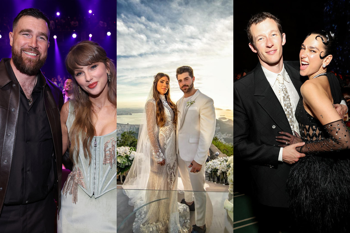 Colagem de três fotos: Travis Kelce e Taylor Swift sorrindo, Alok e Romana Novais em seu casamento, e Callum Turner abraçando Dua Lipa