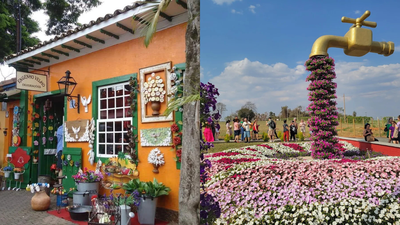 À esquerda, uma loja de artesanato colorida, laranja com detalhes verdes, cheia de decorações e vasos de flores. À direita, um jardim florido com um chafariz gigante em formato de torneira dourada, de onde jorram flores roxas e rosas, com pessoas passeando ao redor