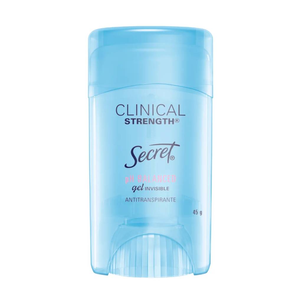 Desodorante antitranspirante Secret Clinical Strength pH Balanced Gel Invisible, embalagem azul transl&uacute;cida com tampa, 45 gramas