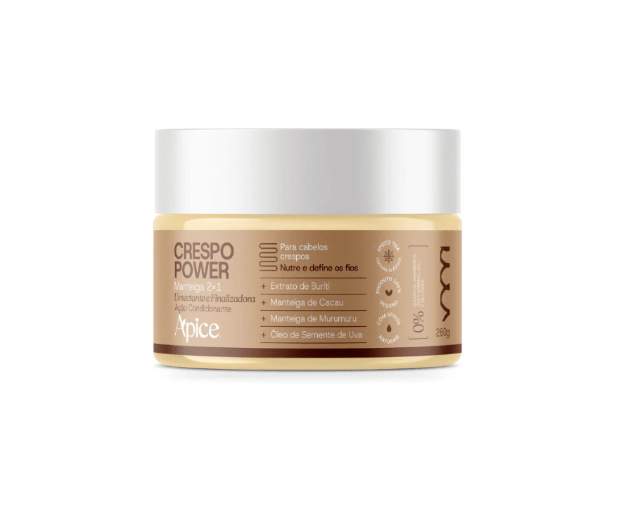 Pote de creme capilar Apice Crespo Power, cor marrom claro com tampa branca, para cabelos crespos, nutre e define os fios. &Eacute; uma manteiga 2 em 1, umectante e finalizadora, com a&ccedil;&atilde;o condicionante. Cont&eacute;m extrato de buriti, manteiga de cacau, manteiga de murumuru e &oacute;leo de semente de uva. Produto vegano, com ativos naturais, 0% sulfato, parabenos, petrolatos, &oacute;leo mineral, sal e silicones. Pesa 260 gramas