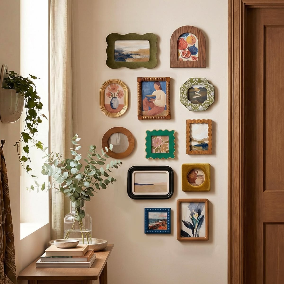 Parede bege com galeria de quadros de diferentes tamanhos e molduras coloridas, ao lado de uma janela com cortina clara, um vaso de eucalipto sobre uma mesa de madeira e um vaso de planta pendurado
