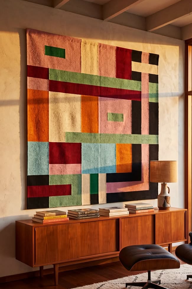 Tape&ccedil;aria abstrata colorida com ret&acirc;ngulos e linhas em tons de rosa, verde, vermelho, azul, laranja, creme e preto, pendurada sobre um aparador de madeira com livros e um abajur ao lado, em um ambiente com luz solar