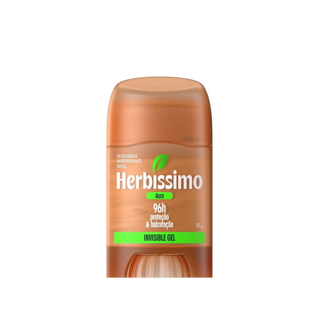 Desodorante antitranspirante em gel Herbissimo Aura, embalagem marrom transl&uacute;cida com tampa arredondada, r&oacute;tulo verde claro com texto branco 96h prote&ccedil;&atilde;o & hidrata&ccedil;&atilde;o e Invisible Gel, 45g