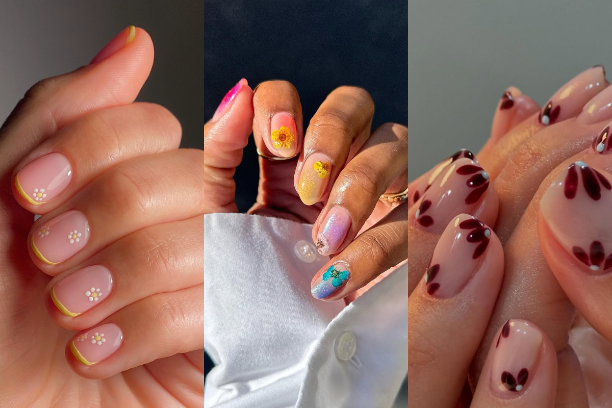 Três mãos com unhas decoradas. A primeira tem francesinha amarela e pequenas margaridas brancas. A segunda exibe unhas com degradê colorido e flores secas. A terceira mostra unhas com base nude e desenhos de flores marrons com miolo branco