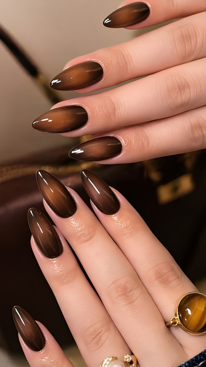 M&atilde;os femininas com unhas longas e pontiagudas, esmaltadas em marrom escuro com efeito olho de gato, exibindo um brilho central mais claro. Um anel dourado com pedra olho de tigre e outro com p&eacute;rola e strass adornam os dedos