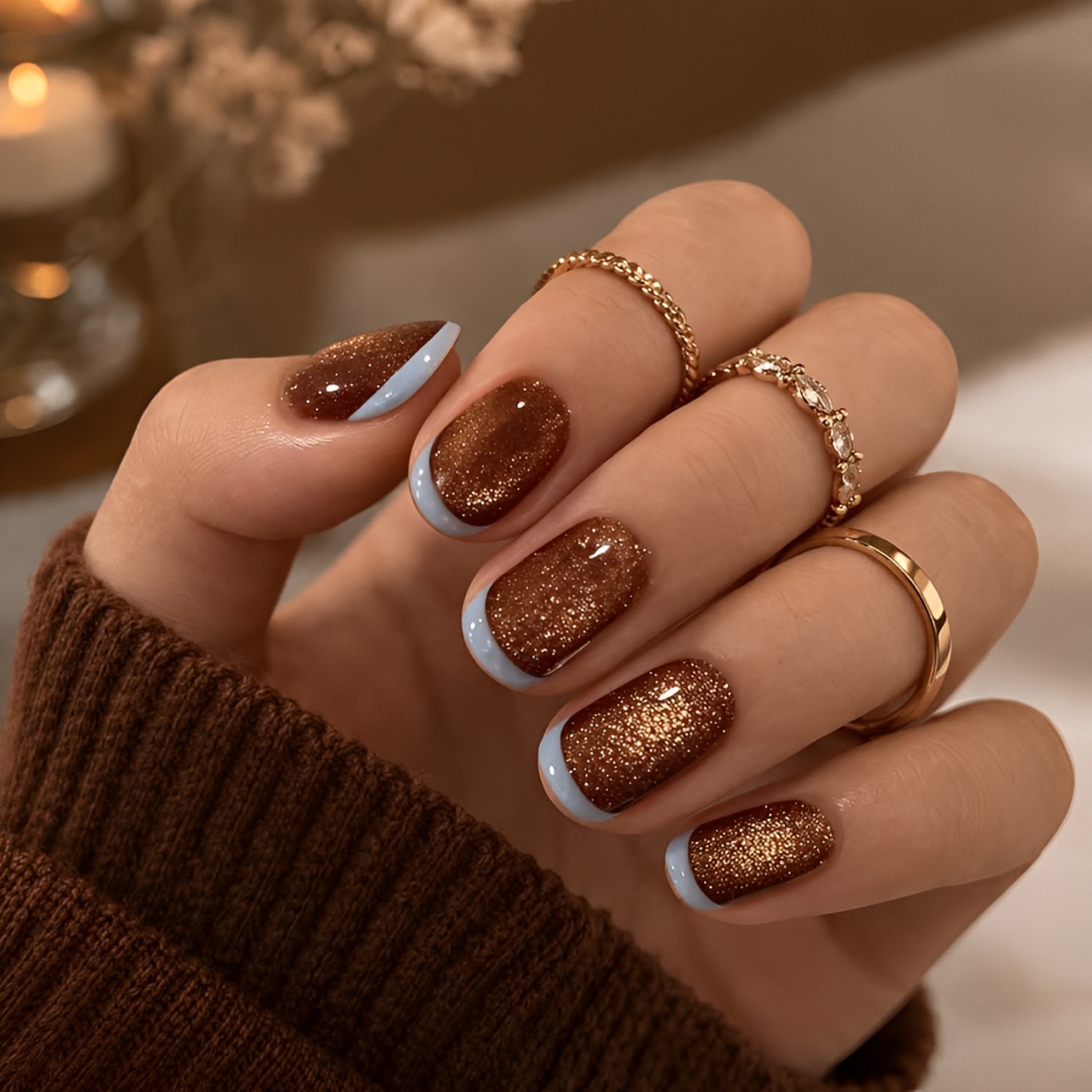 M&atilde;o feminina com unhas curtas pintadas de marrom brilhante e base azul clara, usando an&eacute;is dourados. Veste su&eacute;ter marrom, com fundo desfocado de luzes e flores secas