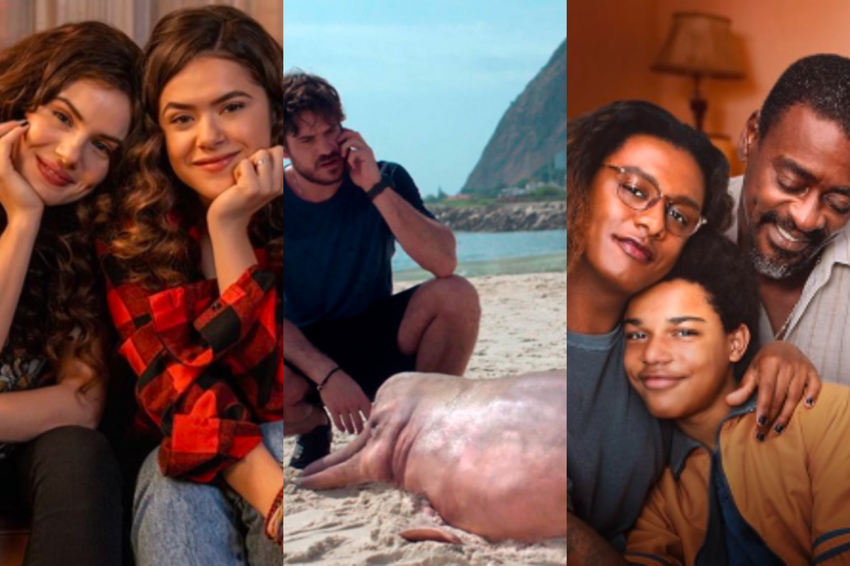 Colagem de três cenas: duas mulheres sorrindo, um homem agachado ao lado de um boto-cor-de-rosa na praia, e um homem adulto com dois jovens sorrindo