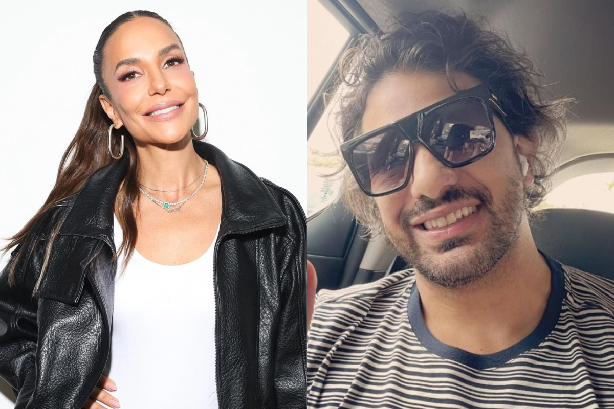 Montagem de duas fotos: à esquerda, Ivete Sangalo sorrindo, cabelo preso, jaqueta preta e colar. À direita, Daniel Cady sorrindo, óculos escuros, barba e camiseta listrada, dentro de um carro