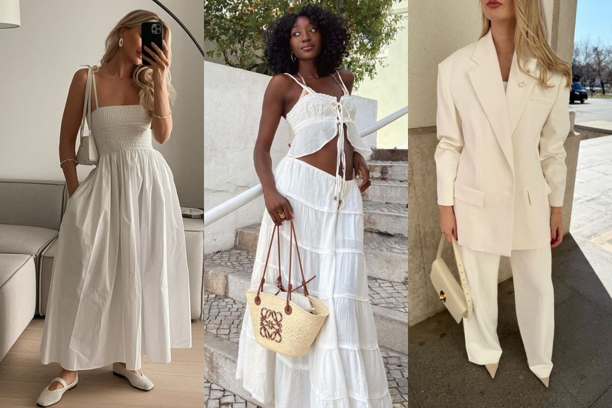 Três mulheres exibem looks brancos: uma loira de vestido midi e sapatilhas, uma mulher negra de top e saia longa, e uma loira de blazer e calça pantalona com bolsa de ombro