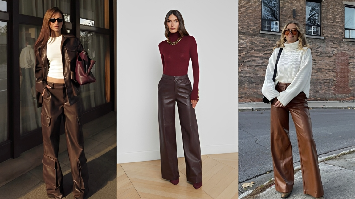 Três mulheres exibem calças de couro em tons de marrom. A primeira usa calça cargo e jaqueta marrom com top branco. A segunda veste calça pantalona marrom-escura e blusa bordô de gola alta. A terceira usa calça pantalona marrom-clara e suéter branco de gola alta