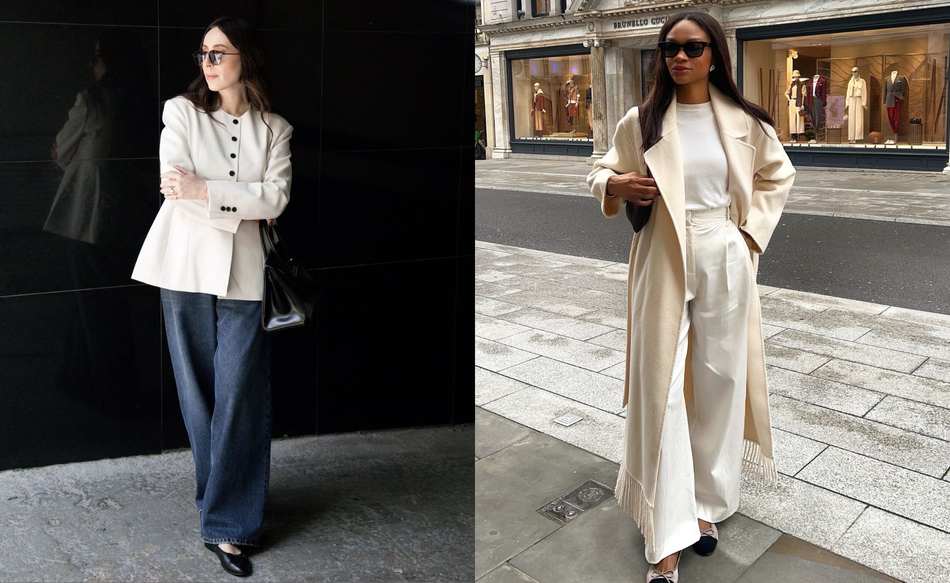 Duas mulheres posam com looks elegantes. À esquerda, uma mulher de blazer creme, calça jeans larga e óculos escuros. À direita, outra mulher de casaco longo bege, calça e blusa brancas, e óculos escuros, em frente a uma loja de roupas
