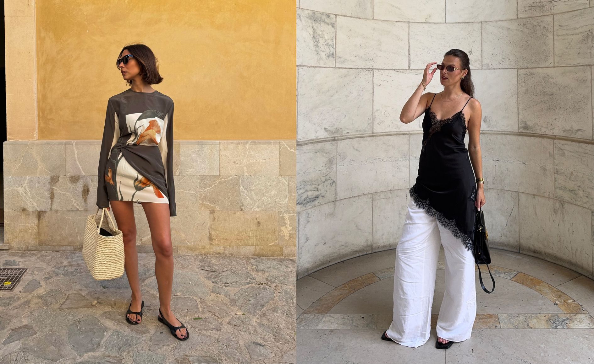 Duas mulheres posam em ambientes urbanos. À esquerda, uma mulher de cabelo curto e óculos escuros usa um vestido estampado com flores e carrega uma bolsa de palha. À direita, uma mulher de cabelo preso e óculos escuros veste uma blusa preta de alças com renda e calça pantalona branca, segurando uma bolsa preta