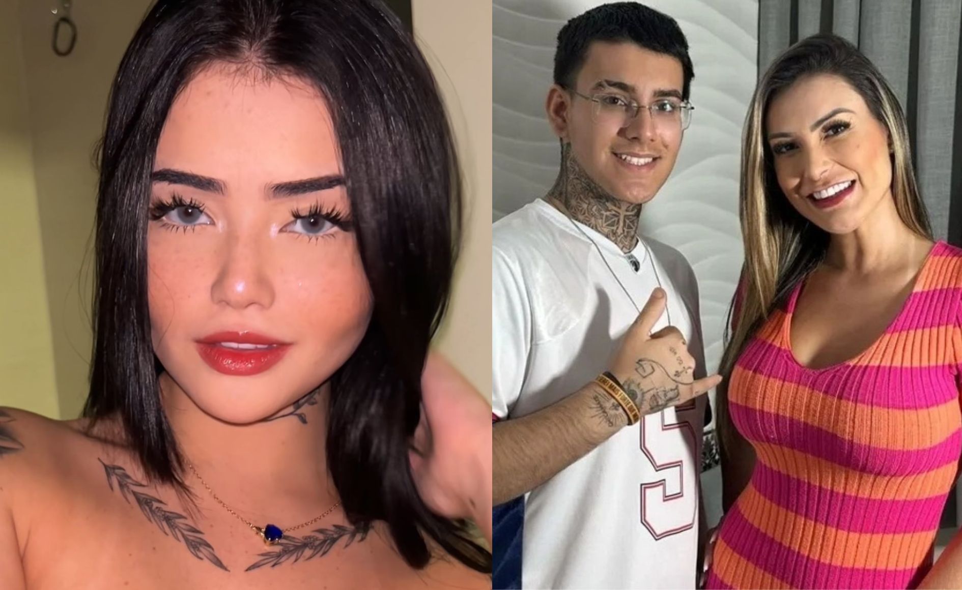 Montagem de três pessoas: à esquerda, uma mulher jovem de cabelos escuros e olhos claros, com maquiagem e colar. À direita, um homem tatuado de óculos e camiseta branca, sorrindo ao lado de uma mulher de cabelos loiros e vestido listrado rosa e laranja, também sorrindo