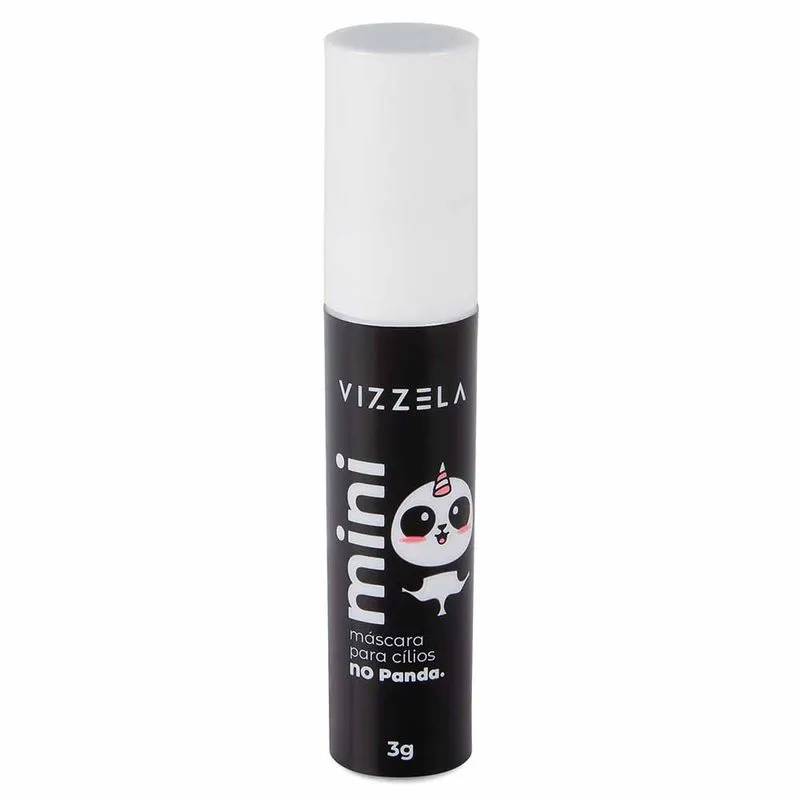 Embalagem cil&iacute;ndrica de r&iacute;mel Vizzela Mini, preta com tampa branca. Na frente, o nome Vizzela em branco, a palavra mini na vertical, e um desenho de panda branco com chifre de unic&oacute;rnio rosa. Abaixo, m&aacute;scara para c&iacute;lios no Panda e 3g