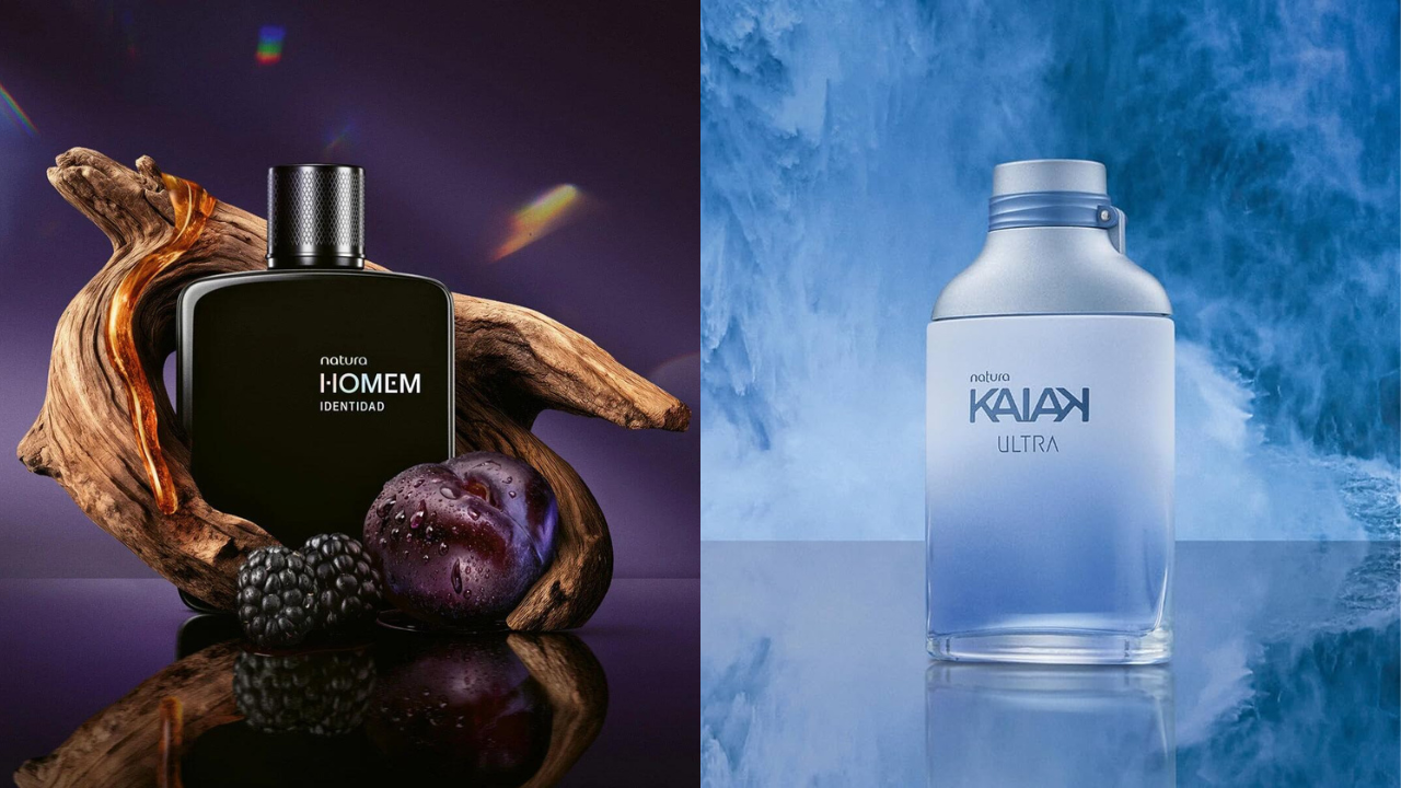 Dois perfumes Natura: à esquerda, Homem Identidade em frasco preto, com madeira, ameixa e amoras sobre fundo roxo; à direita, Kaiak Ultra em frasco azul claro, com fundo de água em movimento