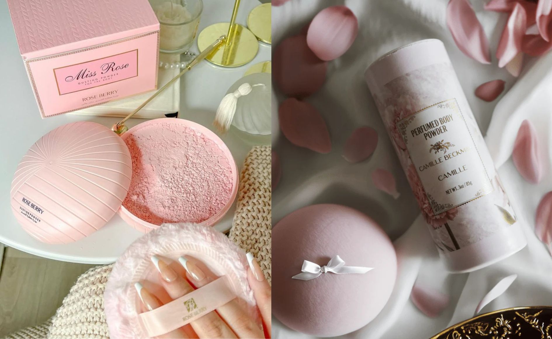 Duas composições de produtos de beleza em tons de rosa. À esquerda, uma caixa Miss Rose, um pó facial aberto com aplicador e uma mão feminina com unhas francesinhas. À direita, um frasco de Perfumed Body Powder Camille Becka e pétalas de rosa espalhadas sobre tecido branco