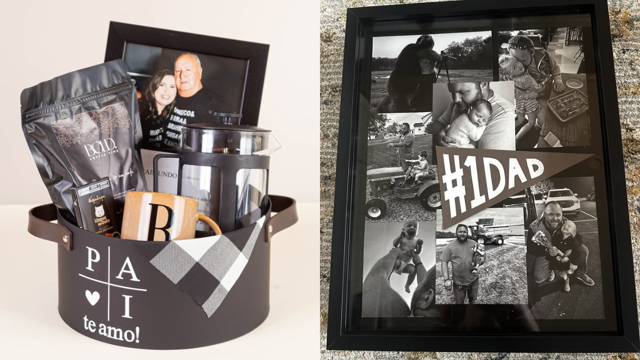 À esquerda, uma cesta preta com alças de couro, contendo café, uma caneca com a letra B e uma foto de um casal. Na frente da cesta, PAI te amo! e um tecido xadrez preto e branco. À direita, um quadro com colagem de fotos em preto e branco de um pai com seus filhos, e um banner com #1 DAD