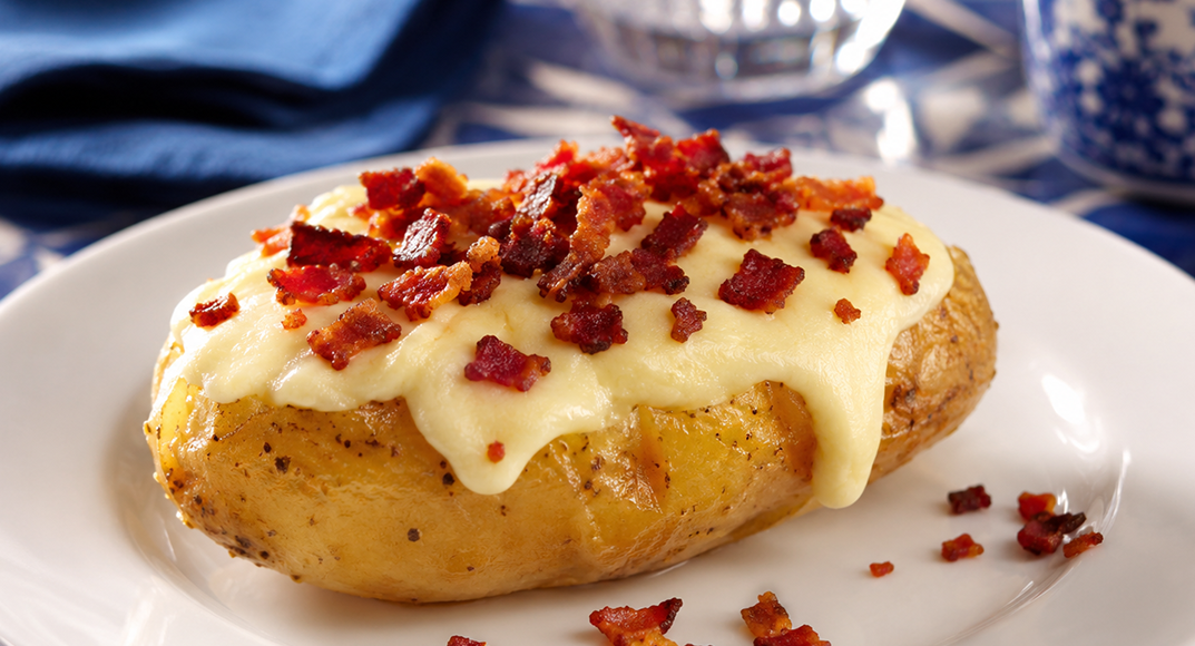 Receita de batata recheada com fondue de queijo é perfeita para uma refeição prática