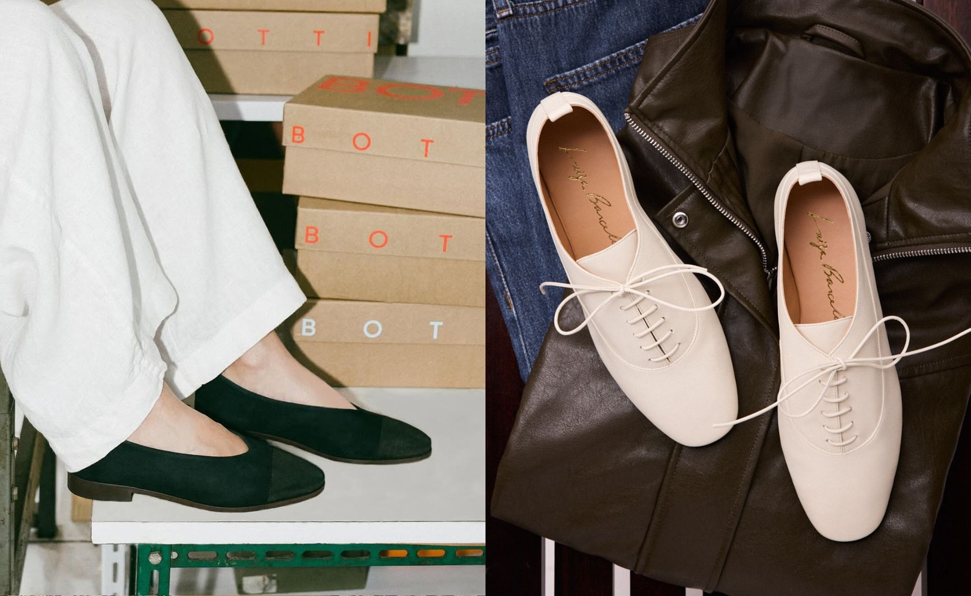 À esquerda, pernas de uma pessoa com calça branca e sapatilhas pretas, com caixas de papelão BOT ao fundo. À direita, dois sapatos oxford creme com cadarços brancos sobre uma jaqueta de couro marrom e jeans