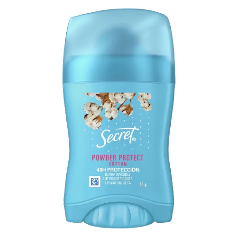 Desodorante Secret Powder Protect Cotton em barra azul-claro, com tampa transl&uacute;cida. O r&oacute;tulo exibe a marca Secret, flores de algod&atilde;o e texto em espanhol: 48h Protecci&oacute;n, Barra Invisible, Antitranspirante, Aplicaci&oacute;n Seca, 45g