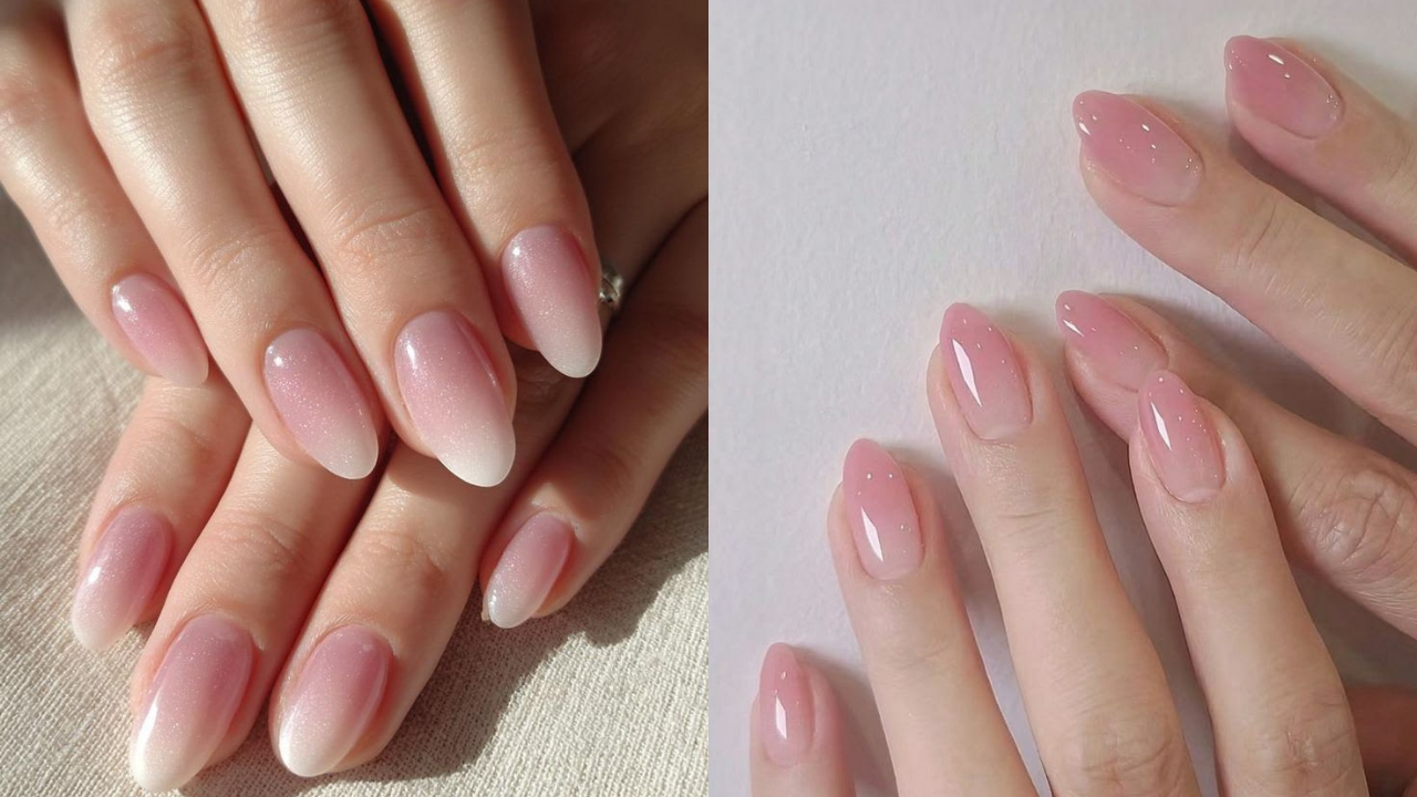 Duas imagens lado a lado de mãos com unhas alongadas. À esquerda, unhas ovais com esmalte rosa claro e pontas brancas em degradê. À direita, unhas amendoadas com esmalte rosa translúcido e pontos de luz brancos
