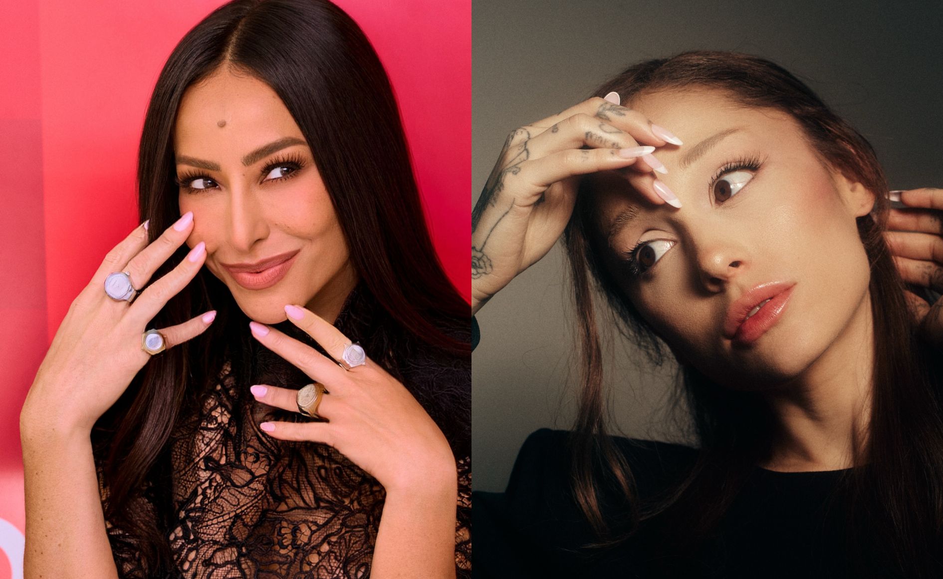 Montagem de duas mulheres: à esquerda, uma mulher de cabelos escuros e blusa de renda preta sorri, exibindo anéis e unhas rosas; à direita, Ariana Grande com maquiagem leve, unhas longas e tatuagens na mão, olhando para cima com expressão surpresa