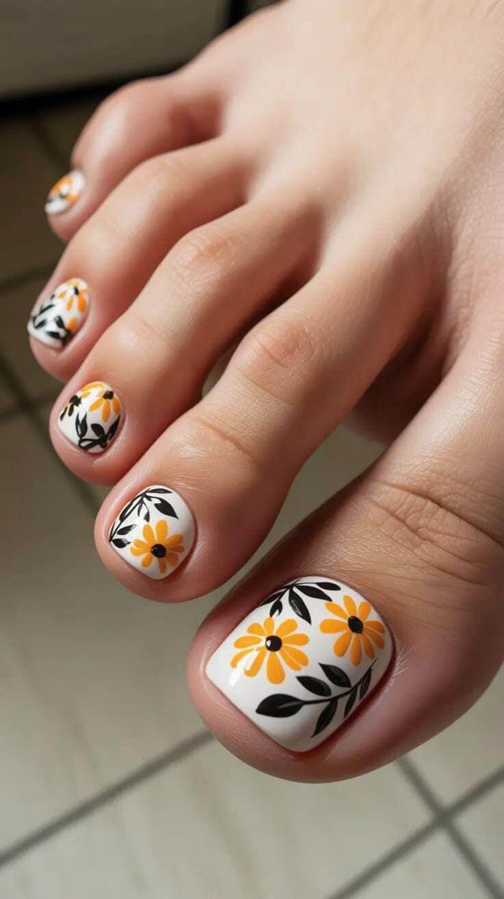 P&eacute;s com unhas pintadas de branco, decoradas com flores amarelas e folhas pretas, em um fundo claro