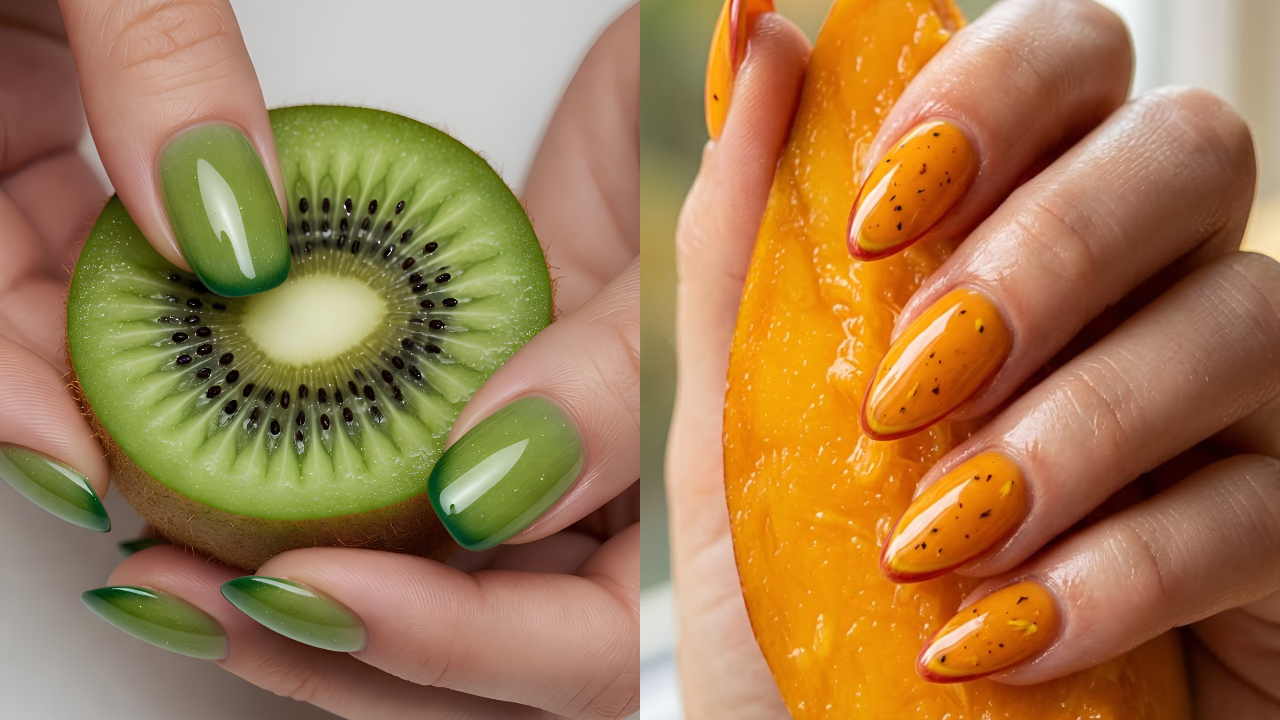 Duas mãos femininas com unhas decoradas. À esquerda, unhas em degradê verde seguram um kiwi cortado ao meio. À direita, unhas laranjas com detalhes pretos e borda vermelha seguram uma manga