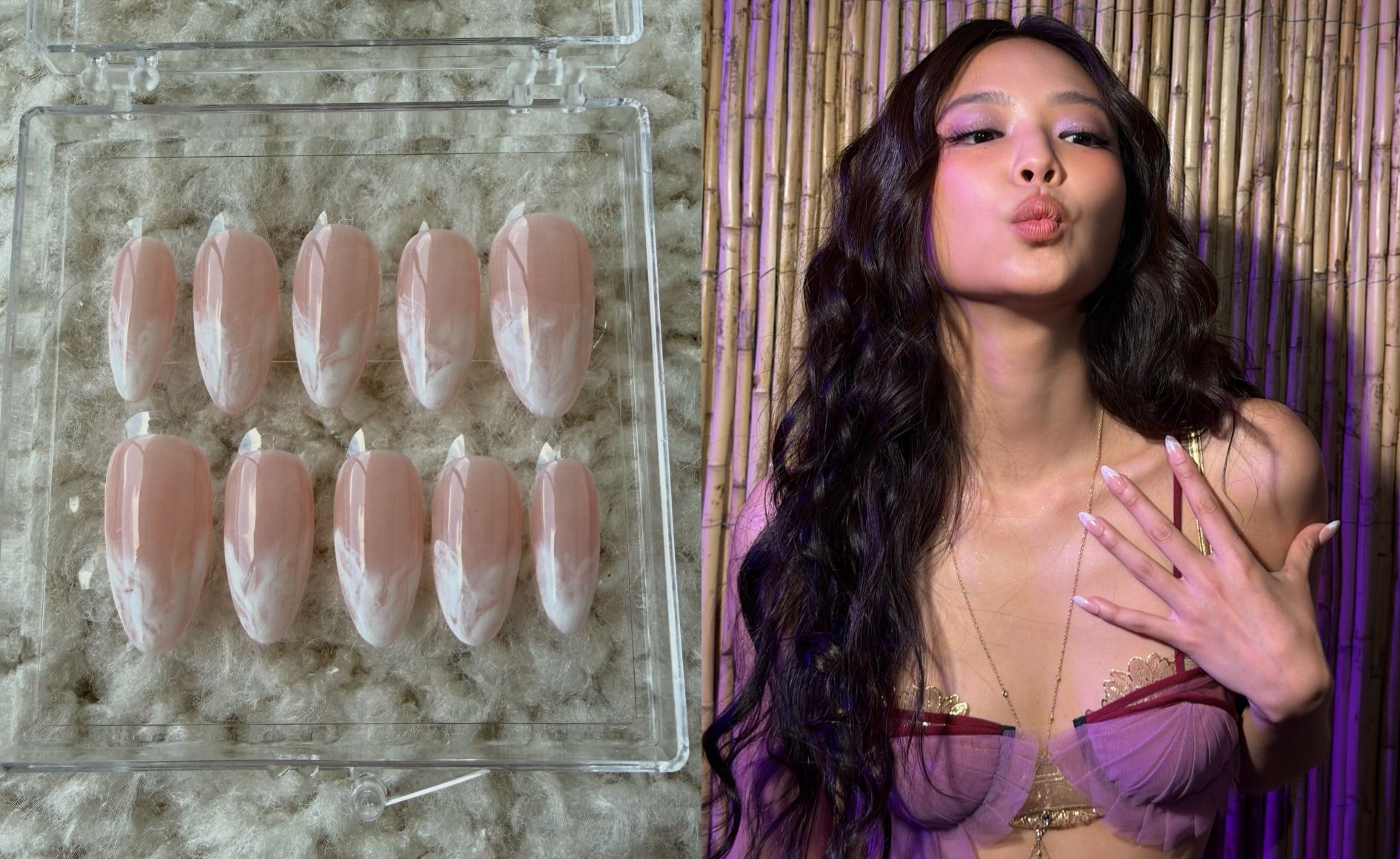 &Agrave; esquerda, unhas posti&ccedil;as ovais rosa claro com pontas brancas marmorizadas em estojo transparente. &Agrave; direita, uma mulher com cabelos longos e ondulados, maquiagem roxa e um top de renda rosa, fazendo bico para a c&acirc;mera, com unhas posti&ccedil;as semelhantes &agrave;s do estojo