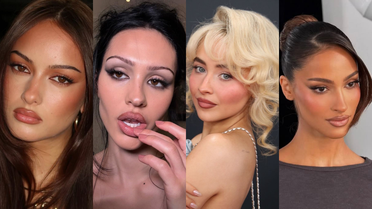 Quatro mulheres com maquiagens e penteados distintos. Da esquerda para a direita: uma mulher de cabelo castanho solto, maquiagem bronzeada e lábios rosados; uma mulher de cabelo escuro com maquiagem escura nos olhos e lábios entreabertos, tocando o queixo; uma mulher loira de cabelo cacheado, maquiagem suave e ombro à mostra; e uma mulher de cabelo escuro preso, maquiagem marcada e blusa cinza