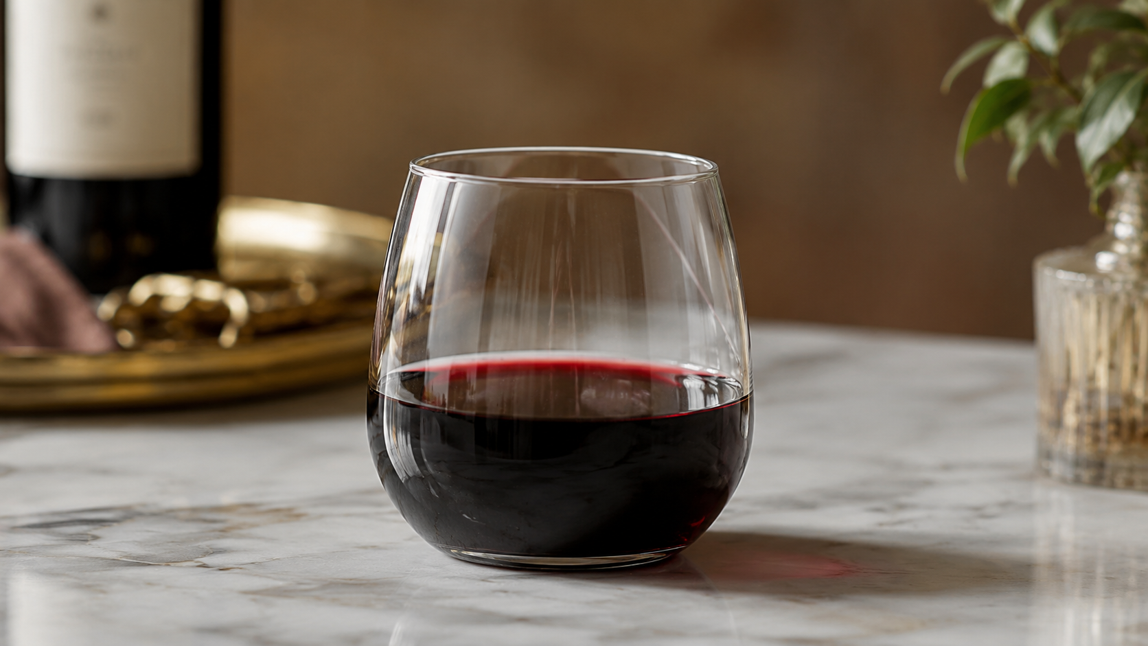 Taça de vinho tinto sem haste, cheia até a metade, sobre uma mesa de mármore branco. Ao fundo, uma garrafa de vinho, uma bandeja dourada e um vaso com folhagens verdes