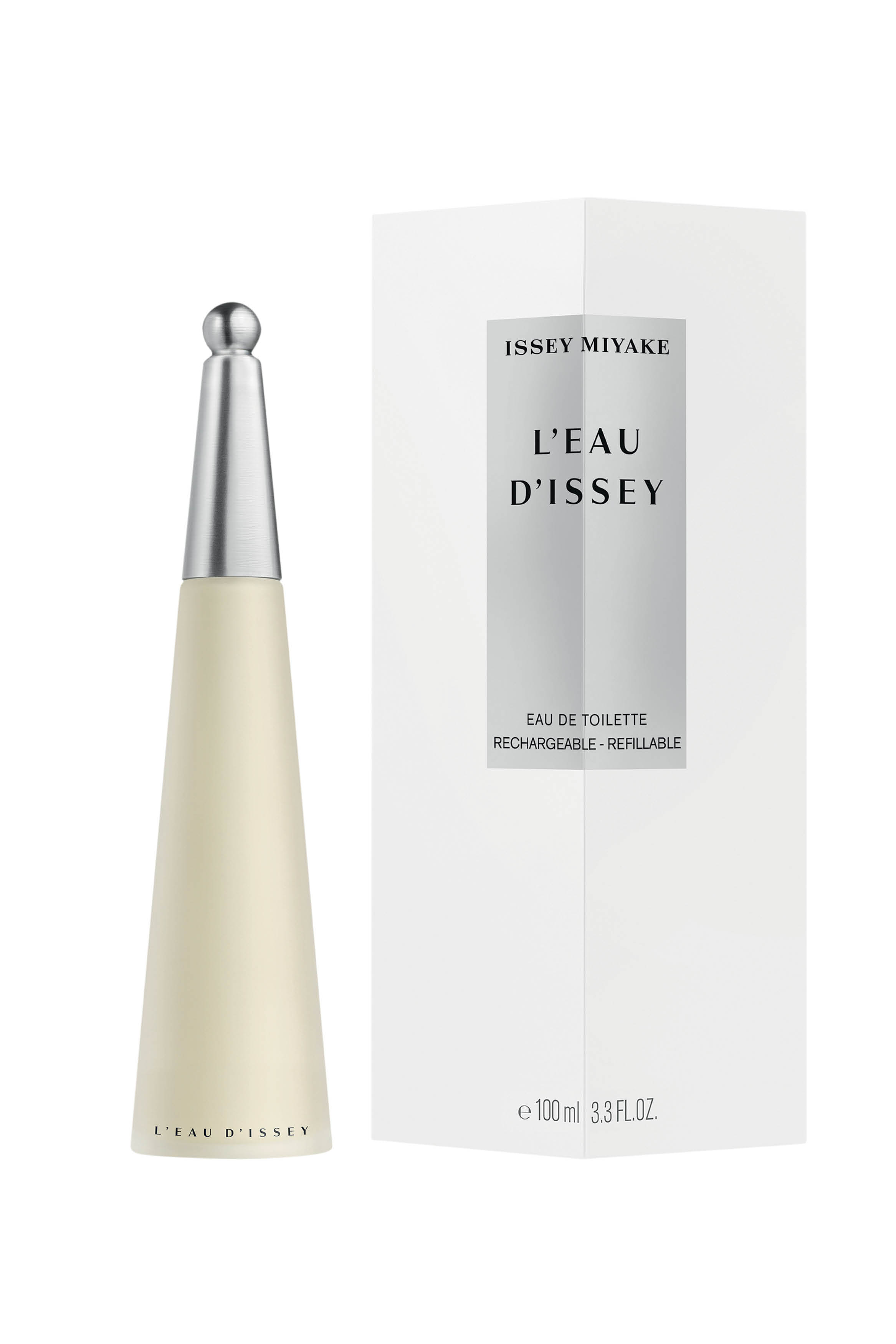 Frasco de perfume Issey Miyake LEau DIssey bege claro com tampa prateada e caixa branca ao lado, exibindo o nome e a descri&ccedil;&atilde;o Eau de Toilette Rechargeable - Refillable e 100 ml 3.3 FL.OZ