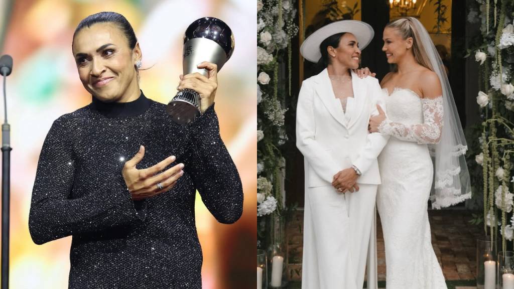 Montagem de duas fotos: &agrave; esquerda, Marta Vieira da Silva sorrindo, com cabelo preso, vestindo blusa preta brilhante, segurando um trof&eacute;u prateado. &Agrave; direita, Marta, de terno branco e chap&eacute;u, abra&ccedil;a a esposa Carrie Lawrence, de vestido de noiva branco com v&eacute;u, em frente a uma entrada decorada com flores brancas