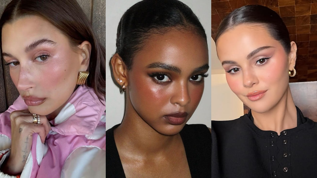 Três mulheres com maquiagem destacando o blush: uma loira de casaco rosa, uma morena de pele escura com blush alaranjado, e uma morena de pele clara com blush pêssego