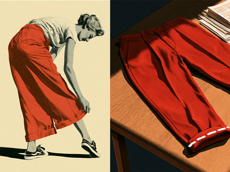 Ilustra&ccedil;&atilde;o de mulher em tons de cinza e vermelho dobrando a barra de uma cal&ccedil;a vermelha larga, ao lado de uma cal&ccedil;a vermelha dobrada sobre uma mesa de madeira com jornais