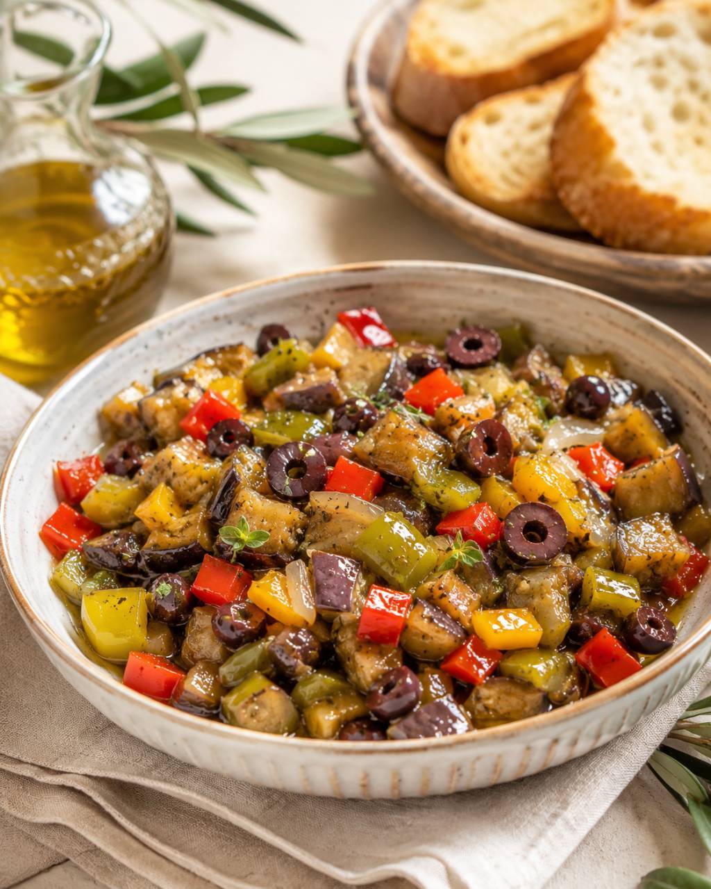 Caponata de berinjela com piment&otilde;es coloridos e azeitonas pretas em uma tigela r&uacute;stica, acompanhada de azeite e fatias de p&atilde;o