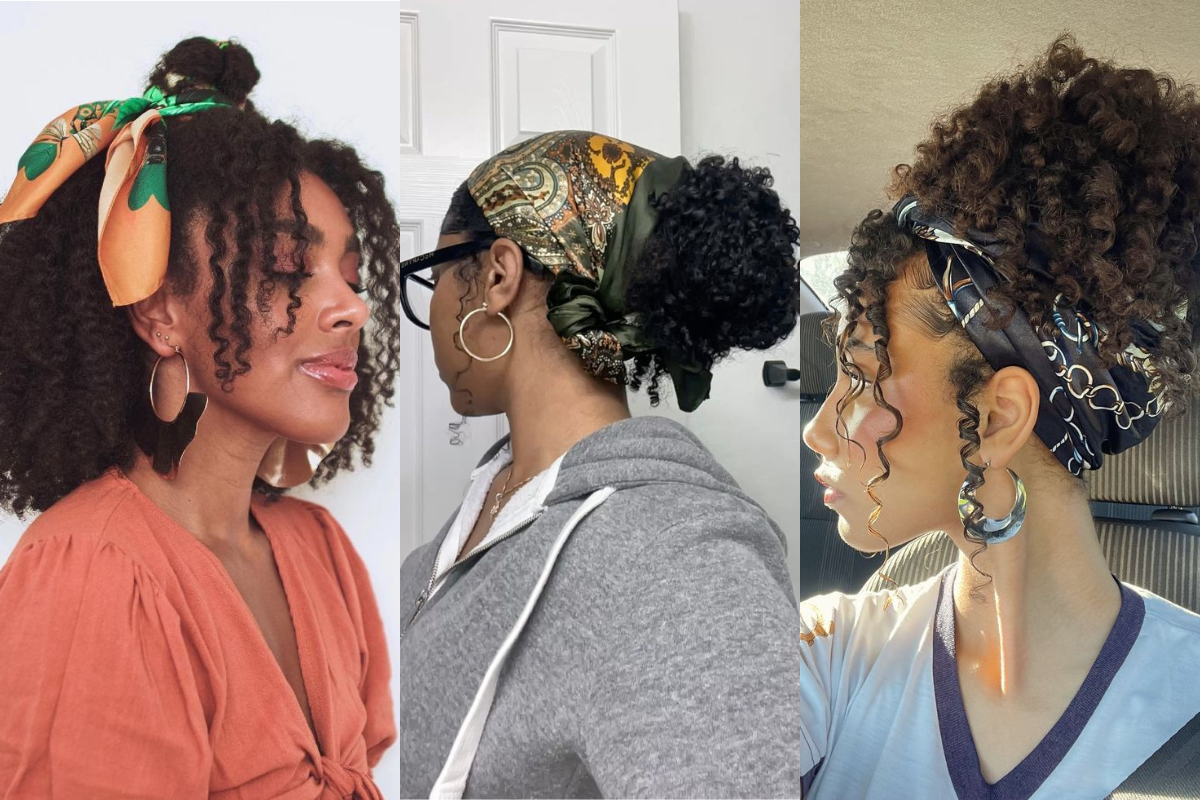 Três mulheres negras exibem penteados com lenços. A primeira, de perfil, usa um lenço laranja e verde amarrado no alto da cabeça, com cachos soltos. A segunda, de costas, tem um lenço estampado em tons terrosos cobrindo o cabelo preso. A terceira, de perfil, usa um lenço preto com correntes brancas, com cachos volumosos e alguns fios soltos na frente