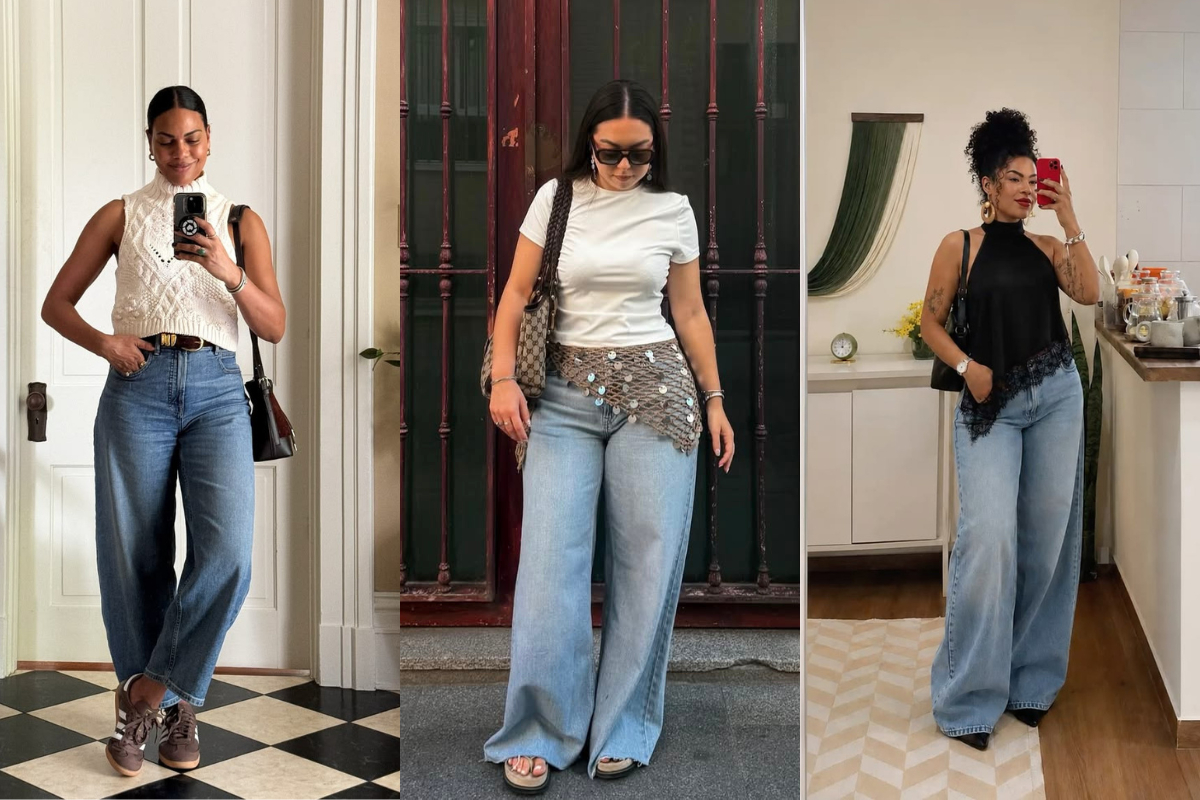 Três mulheres posam em ambientes diferentes, exibindo calças jeans largas e blusas variadas. A primeira usa blusa de tricô creme e tênis marrom, a segunda, blusa branca e cinto de moedas, e a terceira, blusa preta de seda com renda e sapatos pretos