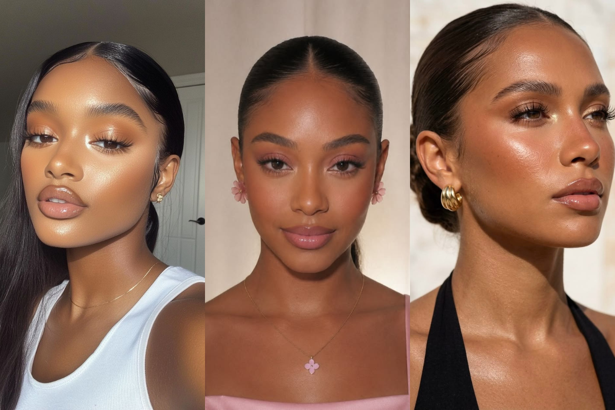 Três mulheres jovens com pele morena e maquiagem natural, destacando lábios glossy e pele iluminada. A primeira usa regata branca, a segunda blusa rosa e colar de flor, a terceira blusa preta e brincos dourados