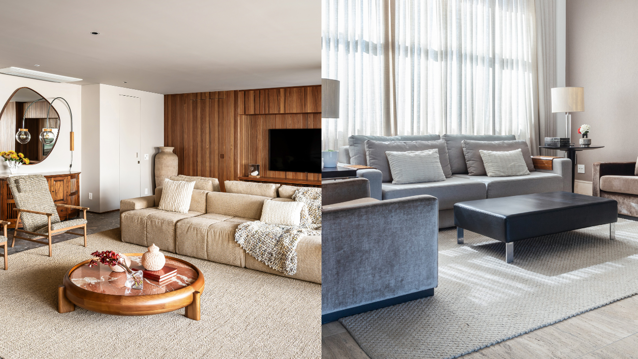 Dois ambientes de sala de estar lado a lado. À esquerda, um sofá modular bege com manta, poltrona de madeira e espelho oval. À direita, um sofá cinza com almofadas brancas, poltronas e uma mesa de centro preta, com cortinas brancas ao fundo