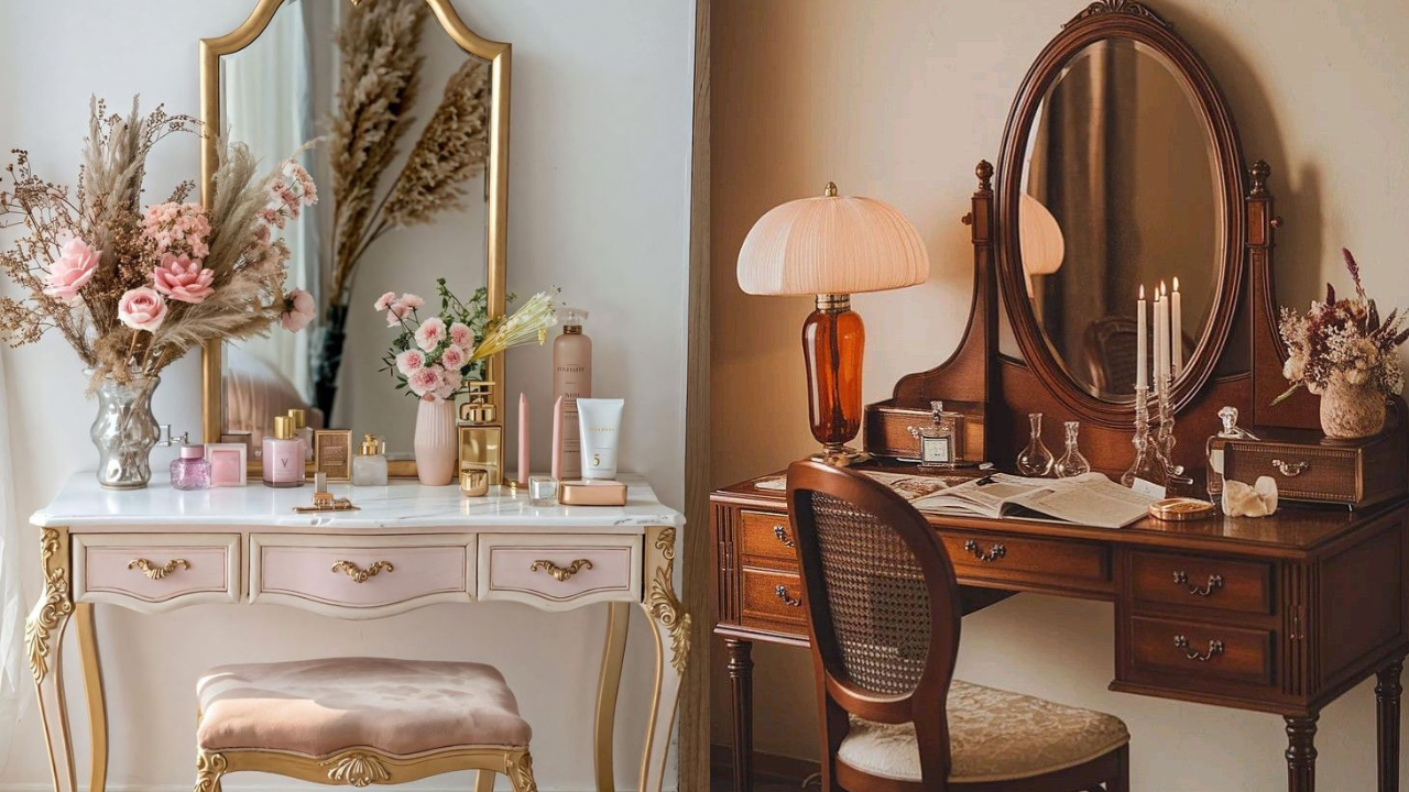 Duas penteadeiras decoradas em estilos diferentes: uma branca com detalhes dourados e flores secas, outra de madeira escura com espelho oval e velas
