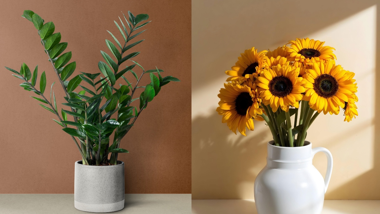 Planta verde em vaso de cimento cinza à esquerda, e buquê de girassóis amarelos em jarra branca à direita, com luz solar projetando sombras na parede bege