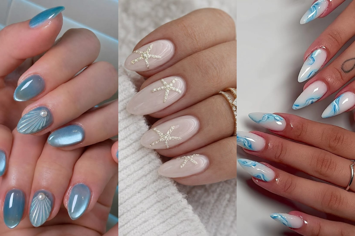 Três mãos com unhas decoradas em tons de azul e branco. À esquerda, unhas azuis com uma concha em relevo e pérola. No centro, unhas nude com estrelas-do-mar brilhantes. À direita, unhas pontiagudas com efeito marmorizado azul e branco