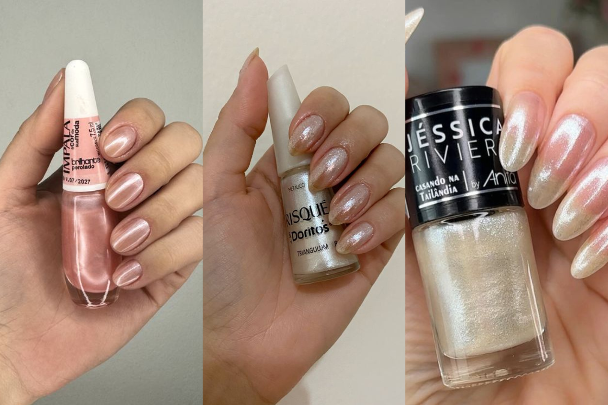 Três mãos femininas exibindo unhas com esmaltes perolados em tons de rosa, prata e branco. Cada mão segura um frasco do esmalte correspondente, mostrando as marcas Impala, Risqué e Jessica Rivier