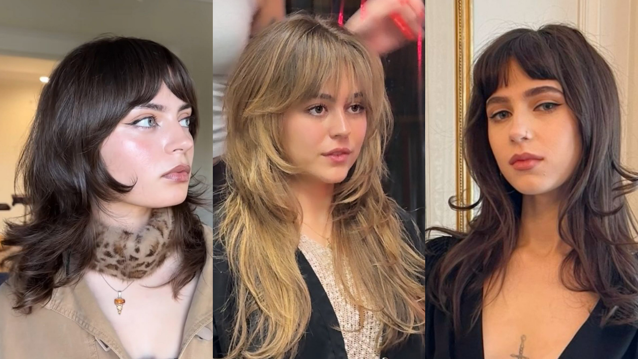 Três mulheres jovens com diferentes tons de cabelo e cortes em camadas, estilo shaggy. A primeira tem cabelo castanho escuro, franja e lenço de oncinha. A segunda, cabelo loiro com franja, sendo penteada. A terceira, cabelo castanho escuro, franja e tatuagem no peito