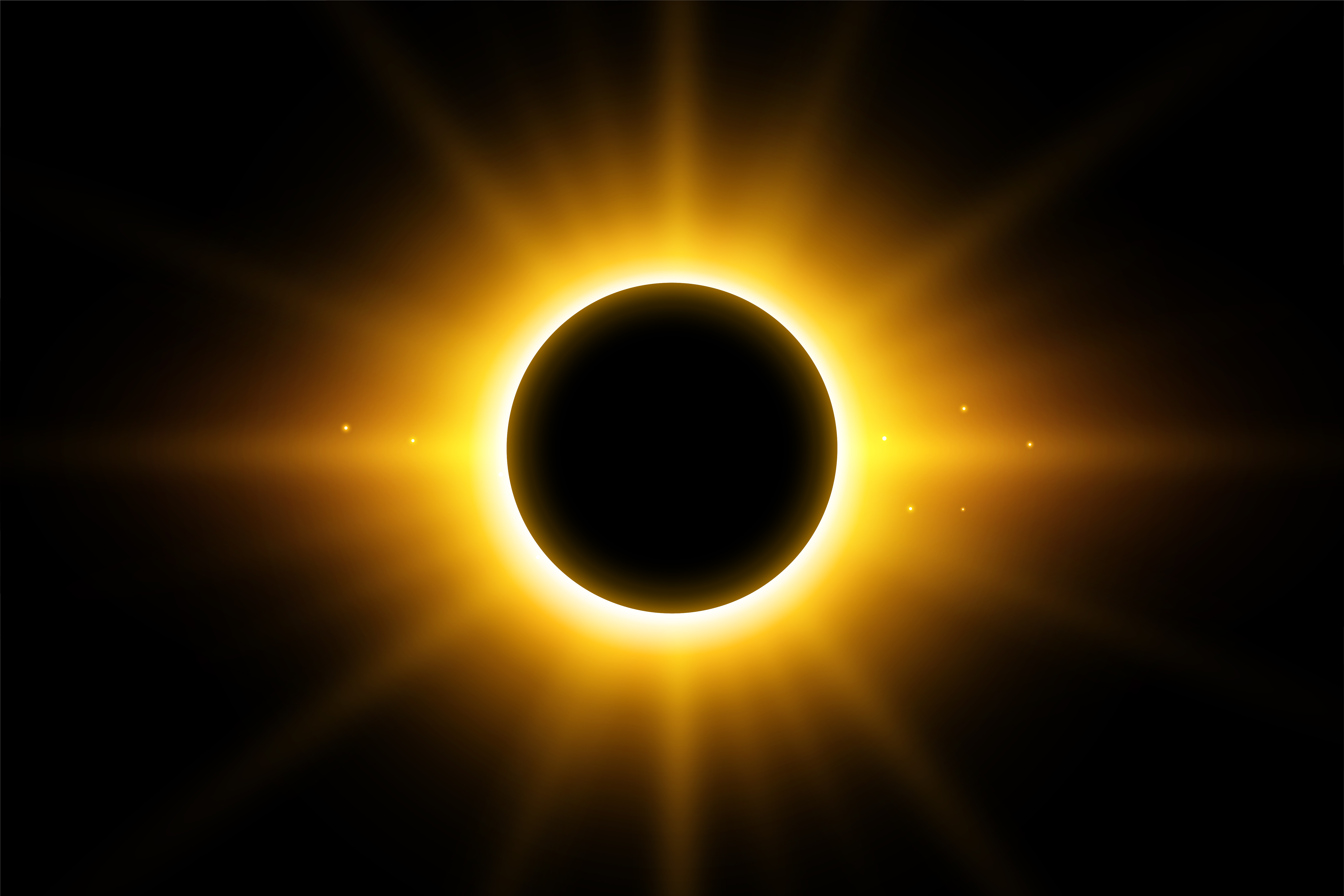 Eclipse solar com um c&iacute;rculo preto central e uma coroa de luz dourada intensa, emitindo raios e pequenos pontos brilhantes em um fundo escuro