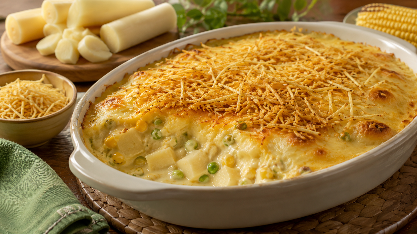 Um prato branco oval com um gratinado cremoso de palmito, milho e ervilha, coberto com batata palha crocante. Ao fundo, palmito fresco em rodelas e espigas de milho, e uma tigela com batata palha. Uma toalha verde está à esquerda