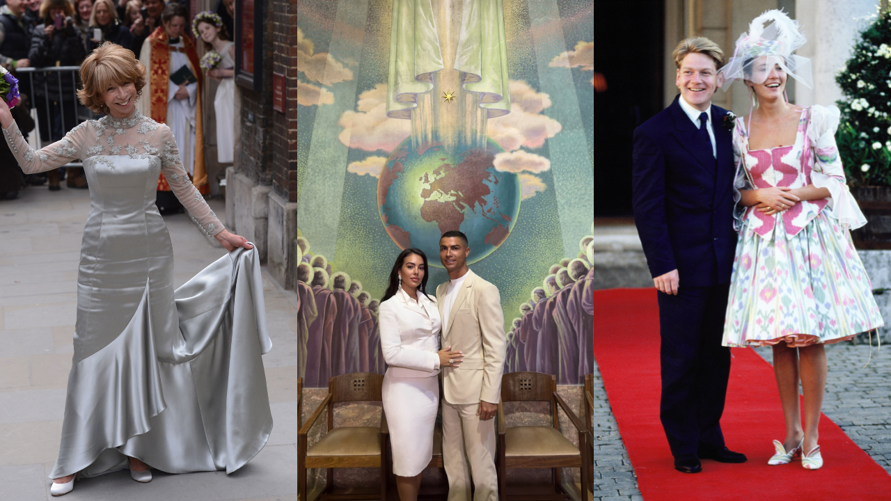 Três fotos lado a lado. À esquerda, uma mulher sorridente de vestido de noiva prateado com renda, segurando a cauda. Ao centro, Georgina Rodríguez e Cristiano Ronaldo posam em frente a um mural com o globo terrestre. À direita, um casal sorridente em trajes de casamento, ele de terno azul e ela com um vestido estampado e chapéu extravagante, sobre um tapete vermelho